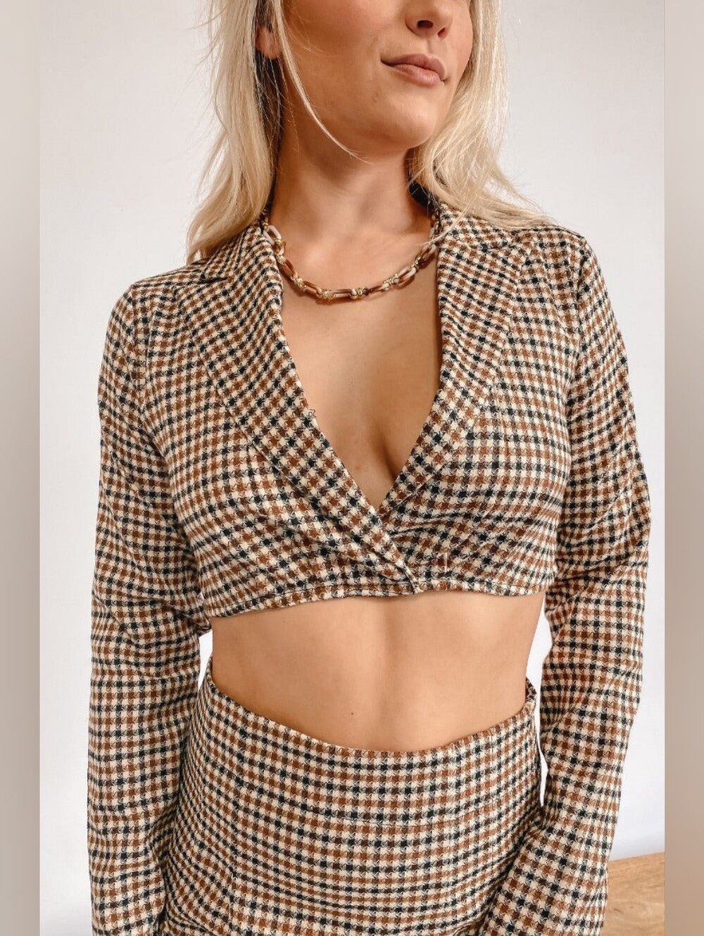 HYFVE Brown Plaid Houndstooth Cropped Blazer Jacket Medium Modern Preppy